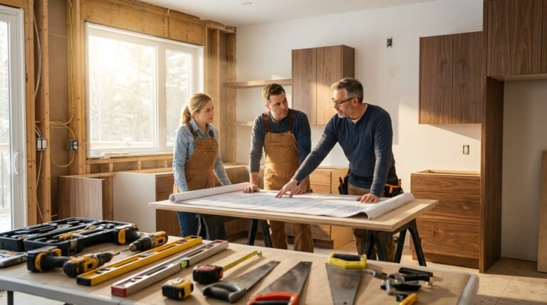 A breathtaking, photorealistic wide-angle shot of an experienced general contractor team consulting over detailed blueprints in a sunlit, partially renovated modern home. The foreground features a mix of construction tools and materials neatly arranged, while the background showcases a balance between unfinished framing and completed elegant finishes. The lighting is cinematic and natural, capturing the professionalism, expertise, and scope of general contracting services. 8k resolution, 16:9 aspect ratio.