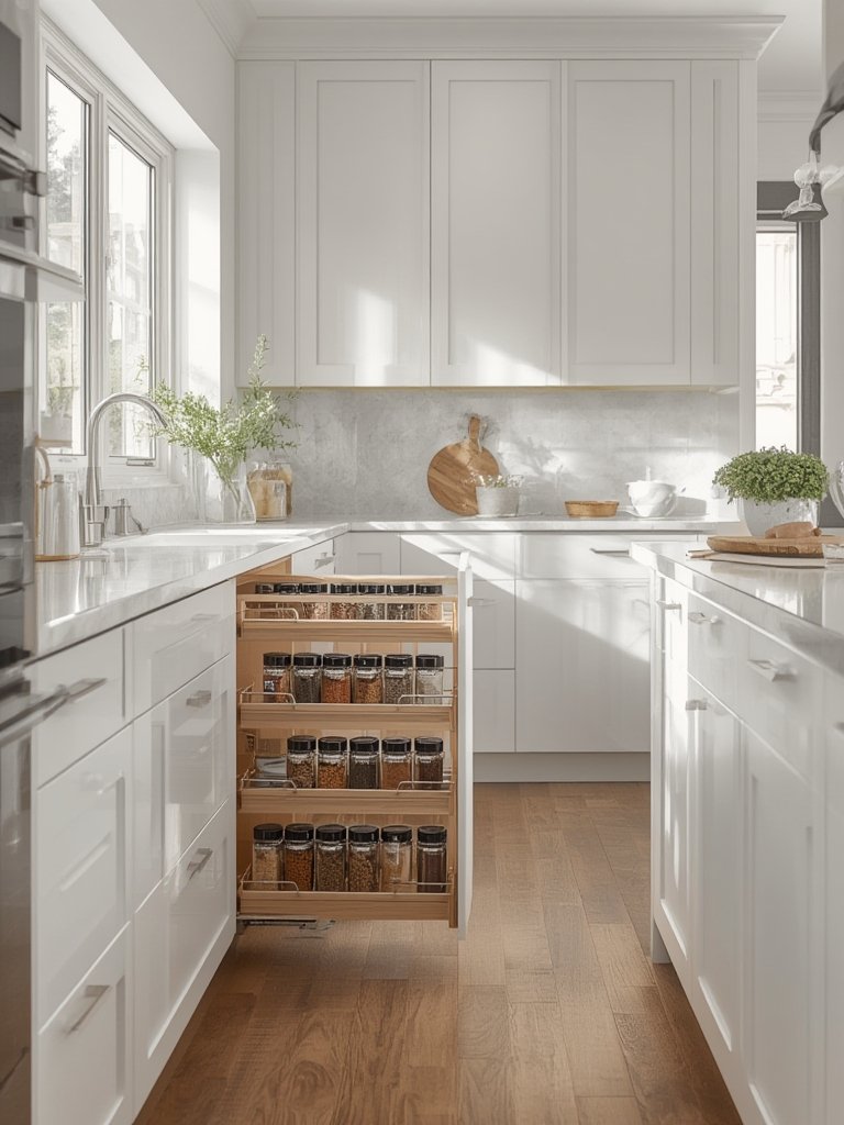 pull out spice rack for cabinet; slide out spice organizer; narrow pull out spice rack; spice rack insert for cabinet; under cabinet pull out spice rack; vertical spice organizer cabinet; spice drawer pull out; kitchen cabinet spice storage