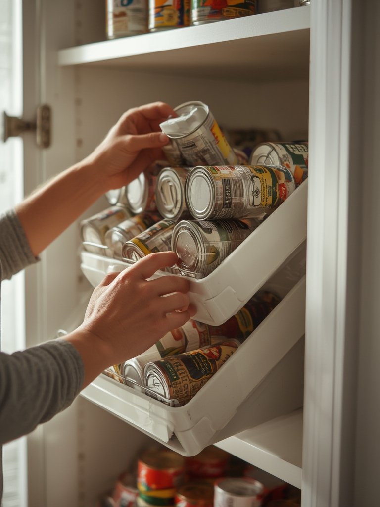 Commercial Investigation: User wants a solution for stacking and rotating canned goods without wasting pantry space before purchasing.