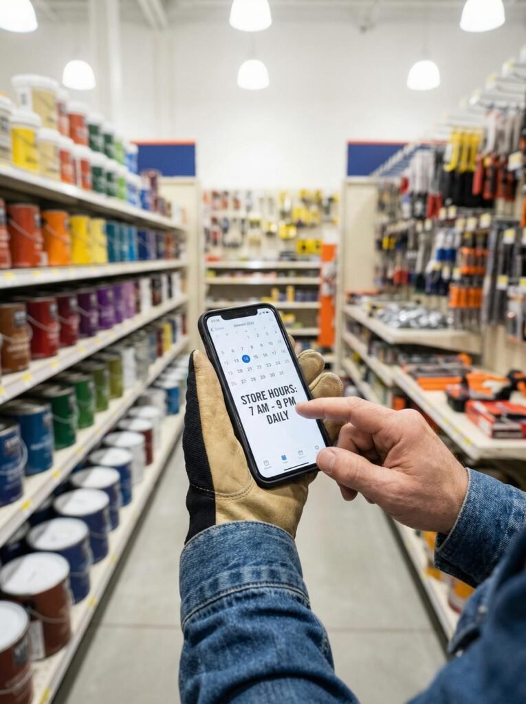 Informational: User wants to find out if Home Depot is open today, including store hours, holiday schedules, and tips for shopping.