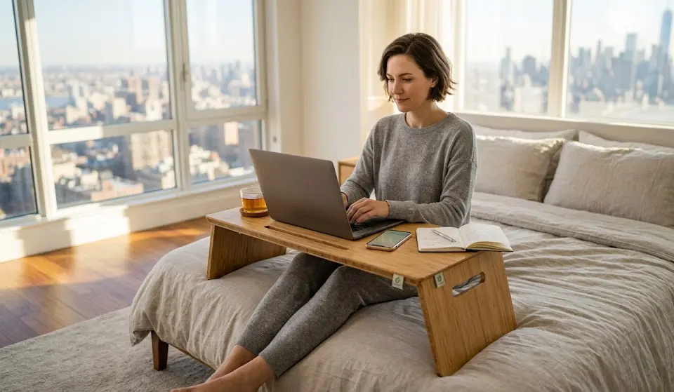 Ergonomic bed workstation, work from bed setup, rolling over-bed table