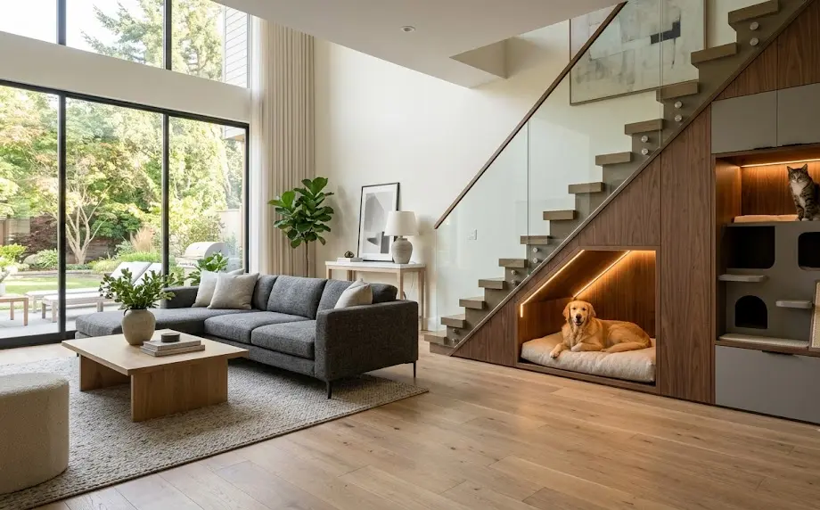 Built in dog bed, custom cat house indoor, scratch resistant home materials