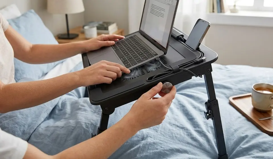 Ergonomic bed workstation, work from bed setup, rolling over-bed table