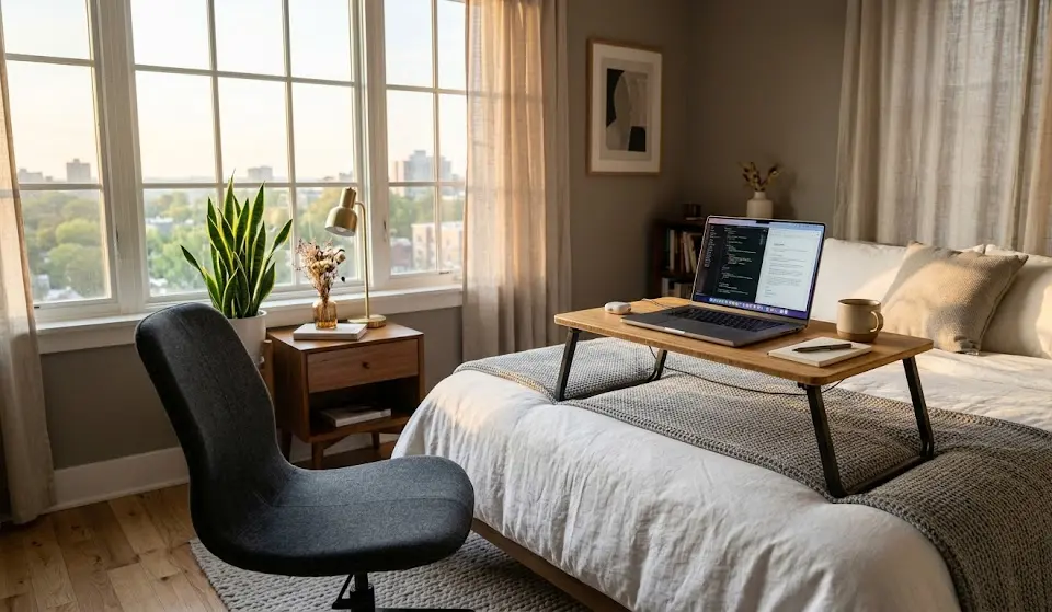 Ergonomic bed workstation, work from bed setup, rolling over-bed table