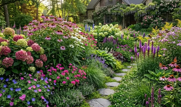 Layered garden design, long flowering shrubs, floramagoria, unstructured garden beds