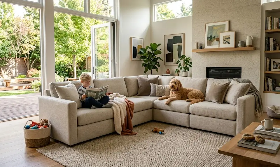 Pet friendly couch fabric, washable modular sofa covers, durable family upholstery