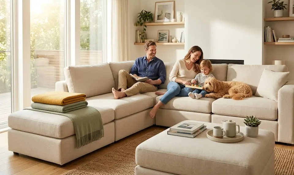 Pet friendly couch fabric, washable modular sofa covers, durable family upholstery
