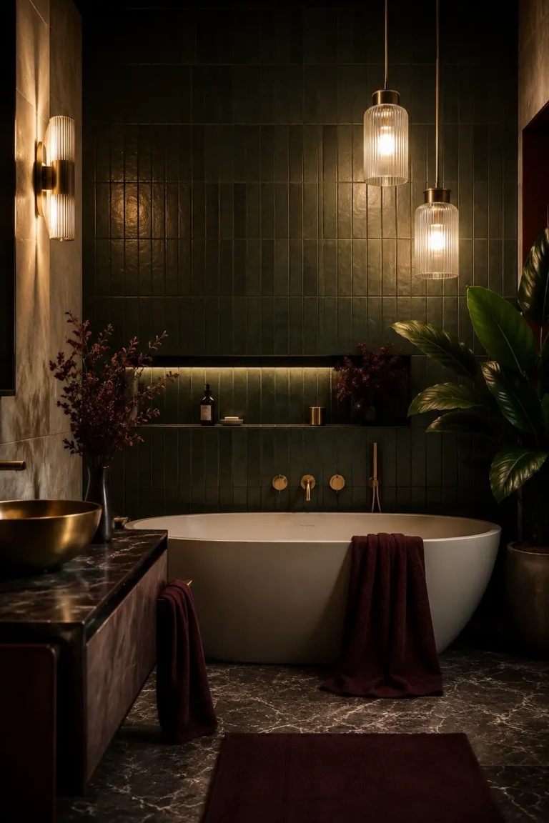 moody bathroom; moody vintage bathroom; dark green bathroom ideas; charcoal bathroom walls; burgundy powder room; moody bathroom lighting; dark bathroom tile ideas; moody bathroom decor
