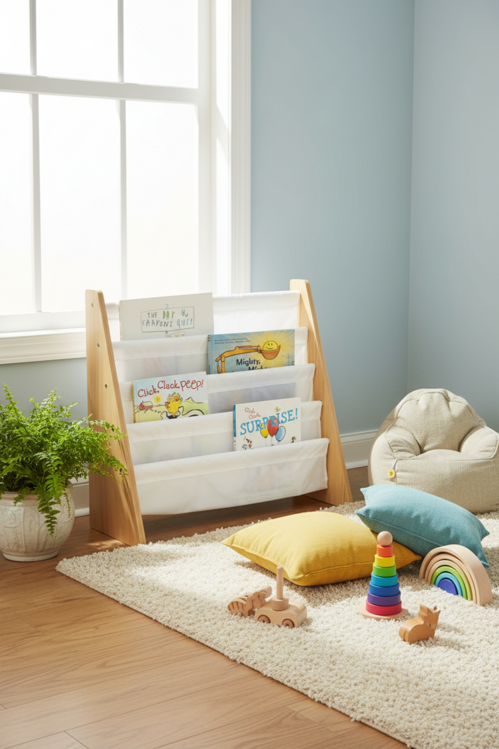kids bookshelf in action