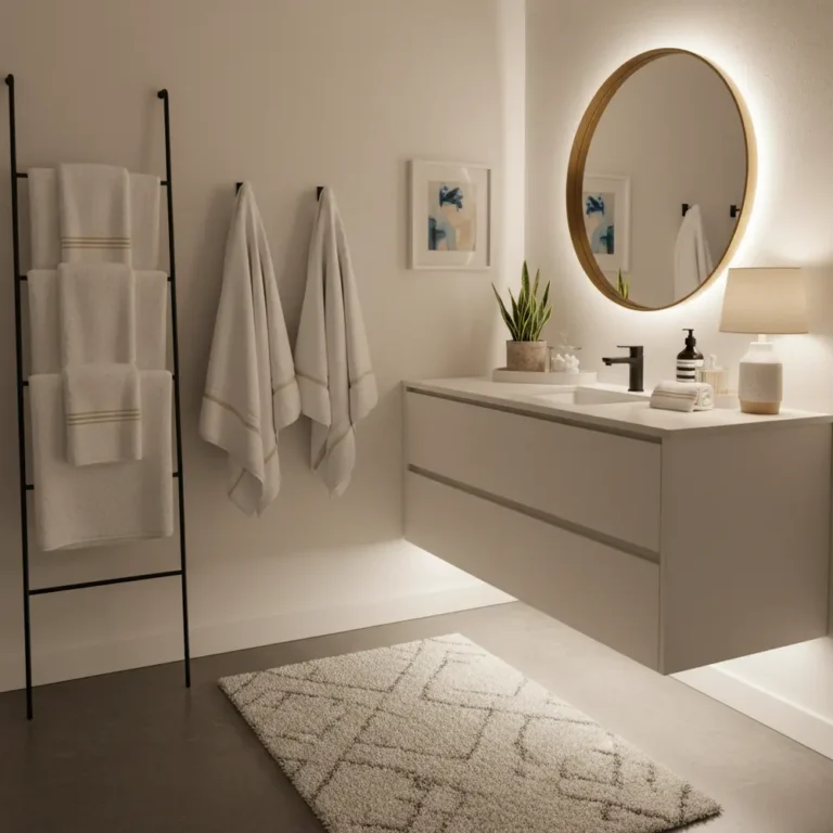 guest bathroom refresh; affordable guest bathroom decor; towel styling guest bathroom; countertop decor bathroom; renter friendly bathroom ideas; small bathroom accessories; bathroom tray decor; powder room decor ideas