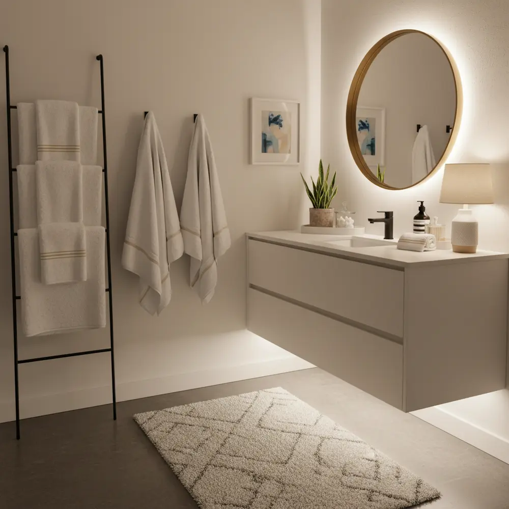 guest bathroom refresh; affordable guest bathroom decor; towel styling guest bathroom; countertop decor bathroom; renter friendly bathroom ideas; small bathroom accessories; bathroom tray decor; powder room decor ideas