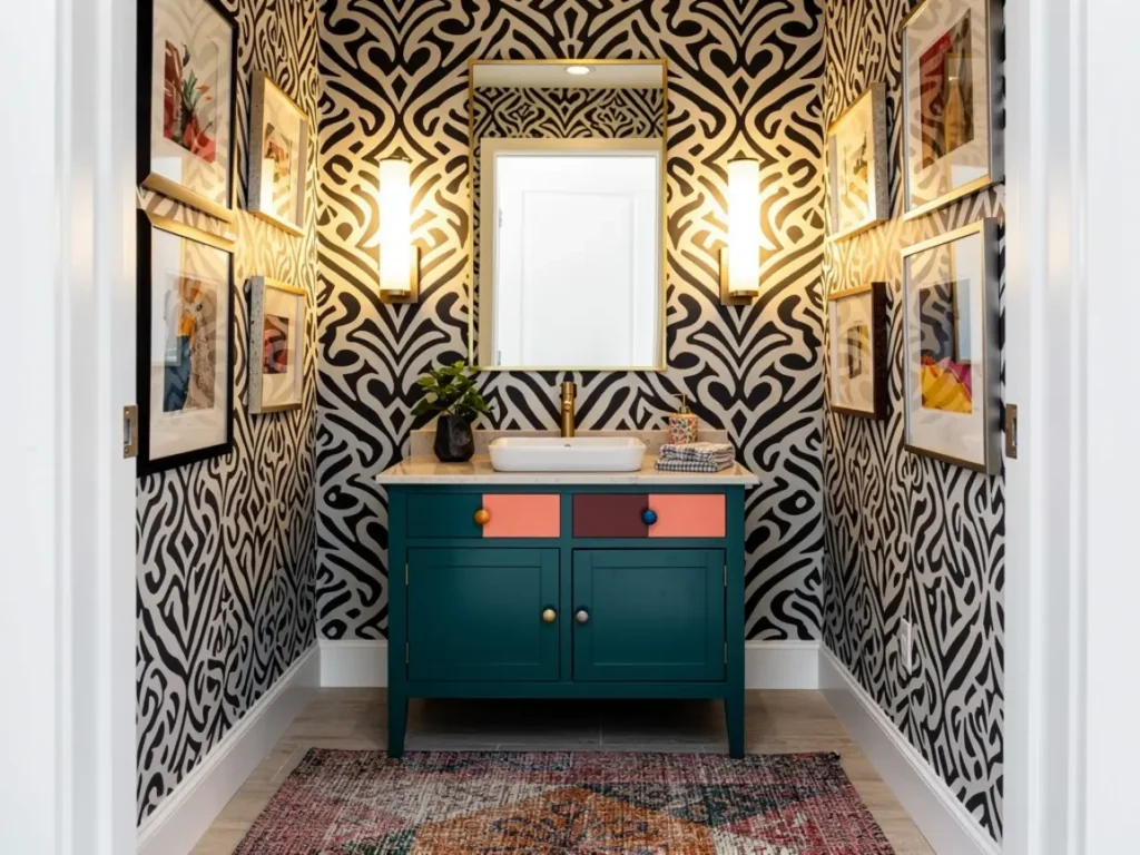 Eclectic Bathroom: 7 Amazing Ways to Create a Stunning Powder Room (Proven Guide) 2 eclectic powder room; maximalist bathroom decor; mixed pattern bathroom; bold wallpaper bathroom; gallery wall bathroom; vintage modern bathroom; colorful bathroom decor; personality-filled bathroom