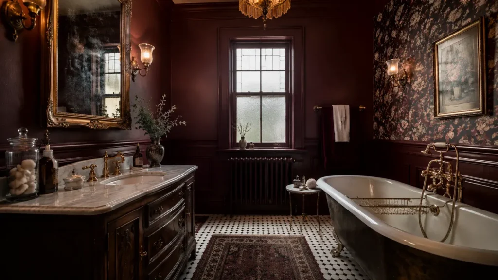 dark vintage powder room; antique mirror bathroom; vintage bathroom wallpaper; brass bathroom fixtures; clawfoot tub decor; antique vanity bathroom; old world bathroom ideas; moody floral wallpaper bathroom