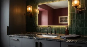 moody bathroom; moody vintage bathroom; dark green bathroom ideas; charcoal bathroom walls; burgundy powder room; moody bathroom lighting; dark bathroom tile ideas; moody bathroom decor