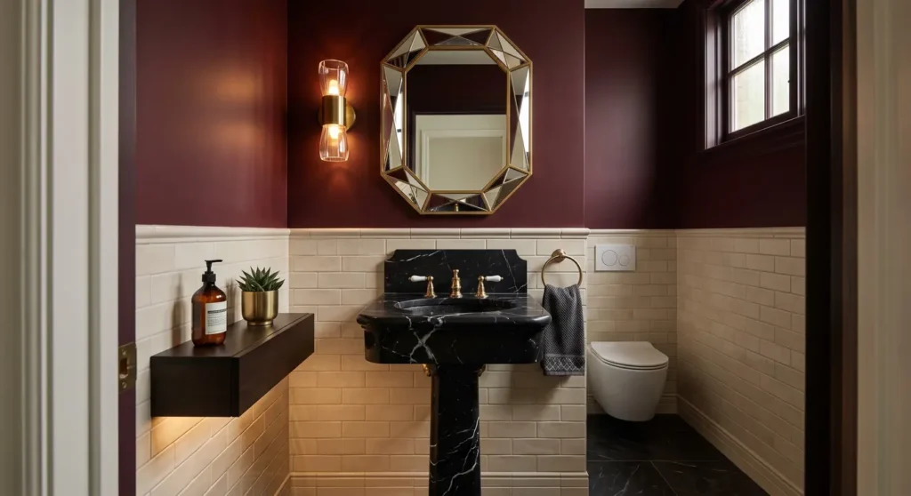 Moody Bathroom Ideas: 7 Amazing Ways To Transform Your Bathroom (Proven Guide) 4 moody bathroom; moody vintage bathroom; dark green bathroom ideas; charcoal bathroom walls; burgundy powder room; moody bathroom lighting; dark bathroom tile ideas; moody bathroom decor