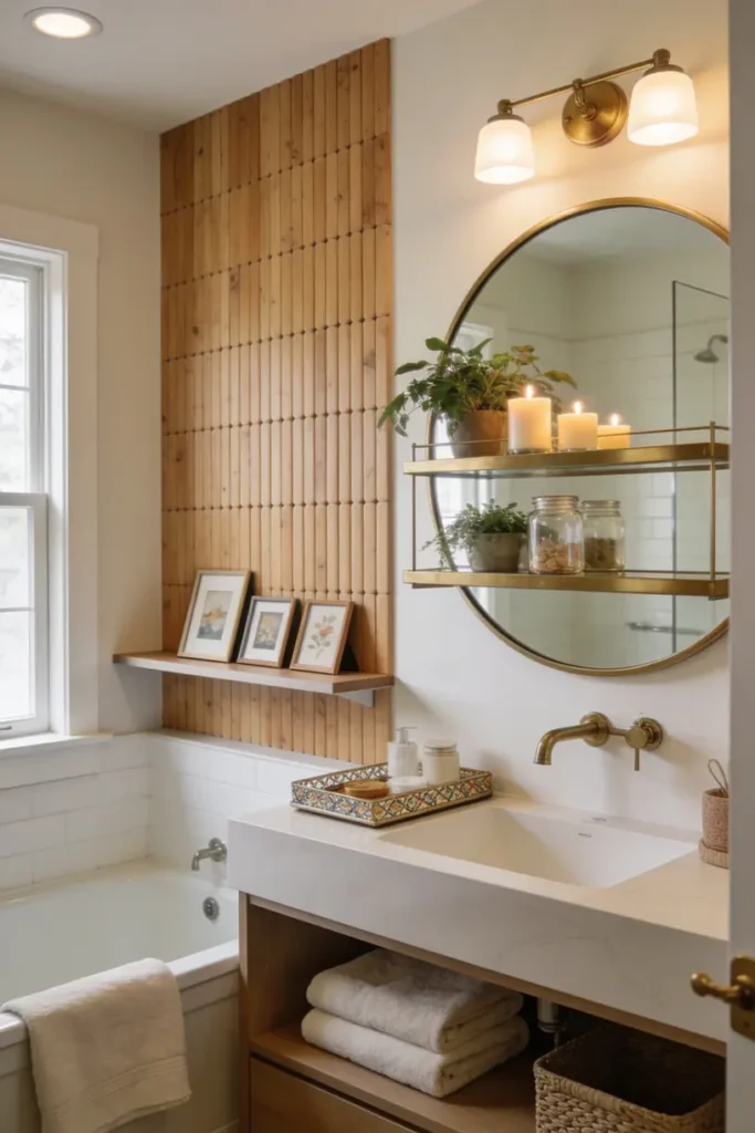 easy bathroom decor ideas; bathroom wall decor ideas; bathroom shelf decor; bathroom counter decor; bathroom mirror decor; bathroom lighting ideas; bathroom styling ideas; small bathroom decor ideas