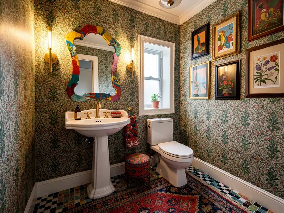 Eclectic Bathroom: 7 Amazing Ways to Create a Stunning Powder Room (Proven Guide) 1 eclectic powder room; maximalist bathroom decor; mixed pattern bathroom; bold wallpaper bathroom; gallery wall bathroom; vintage modern bathroom; colorful bathroom decor; personality-filled bathroom