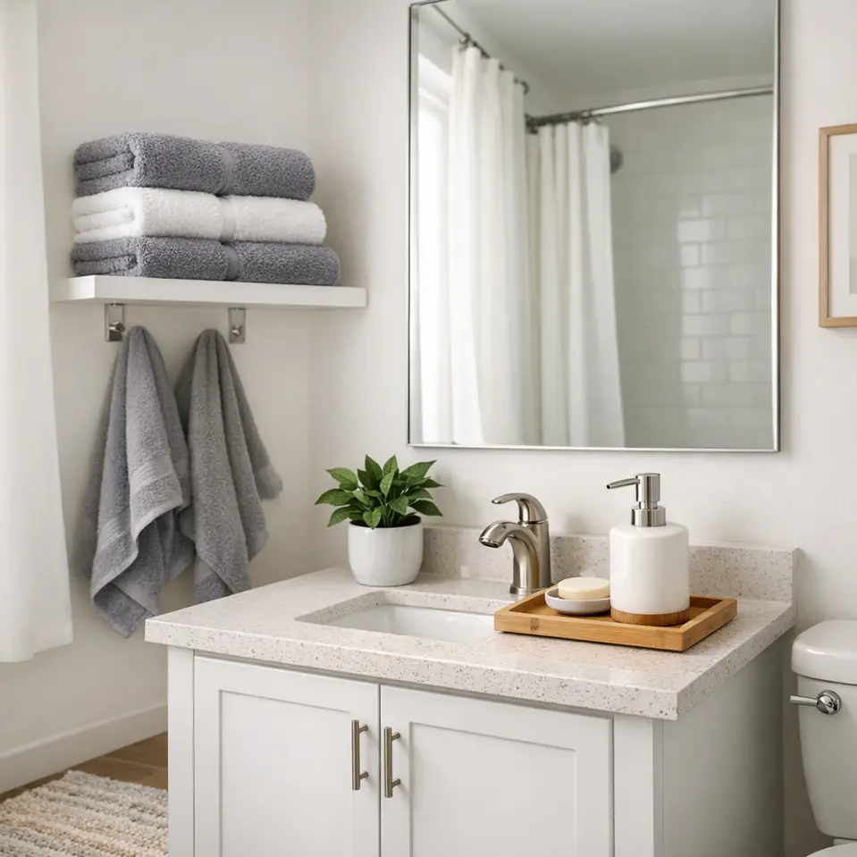 guest bathroom refresh; affordable guest bathroom decor; towel styling guest bathroom; countertop decor bathroom; renter friendly bathroom ideas; small bathroom accessories; bathroom tray decor; powder room decor ideas