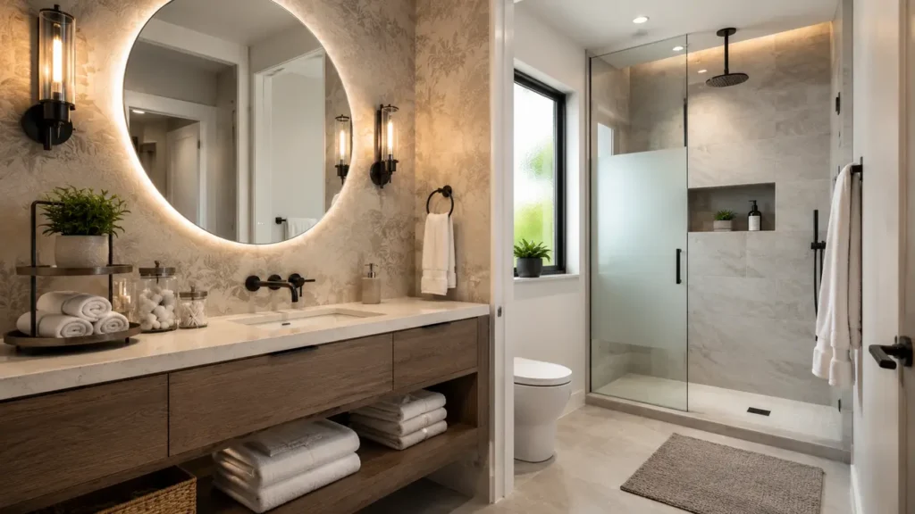 Guest Bathroom Ideas: 9 Amazing Ways to Create a Hospitality-Ready Retreat (Proven Guide) 2 small guest bathroom ideas; guest bathroom ideas decor; guest bathroom makeover ideas; guest bathroom shelves; guest bathroom vanity decor; guest bathroom wallpaper ideas; guest bathroom essentials; guest bathroom towels