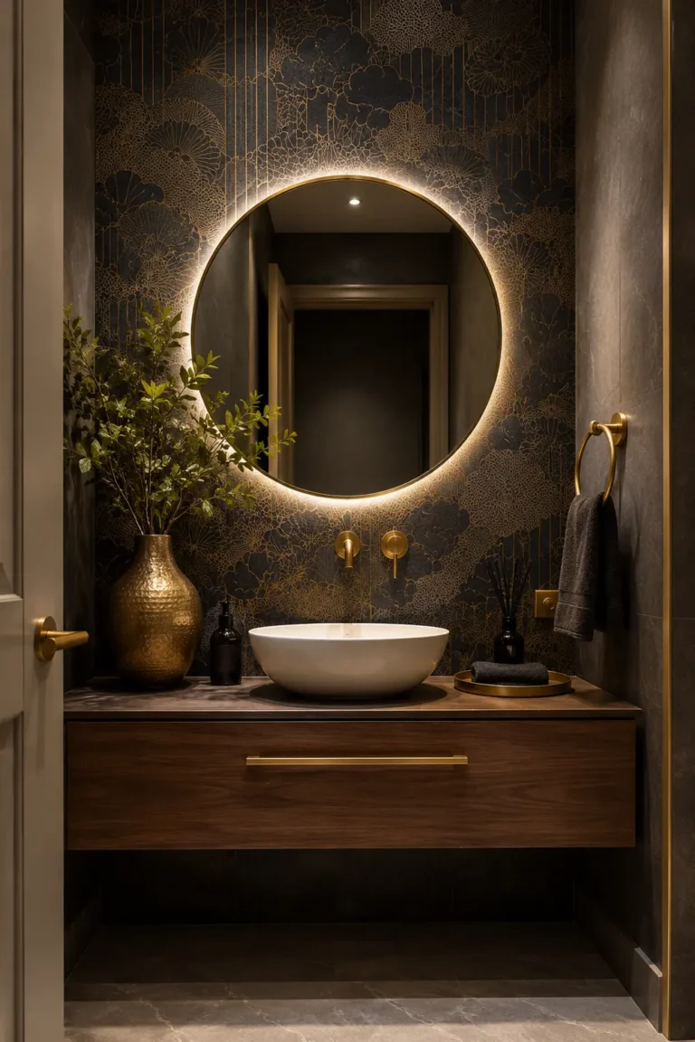 half bathroom wallpaper ideas; small half bath decor; downstairs bathroom decor; powder room wall decor; half bath mirror ideas; half bathroom vanity decor; half bath lighting ideas; tiny powder room ideas