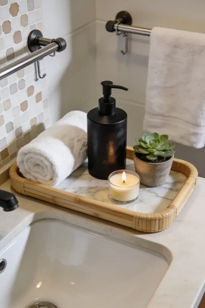guest bathroom refresh; affordable guest bathroom decor; towel styling guest bathroom; countertop decor bathroom; renter friendly bathroom ideas; small bathroom accessories; bathroom tray decor; powder room decor ideas