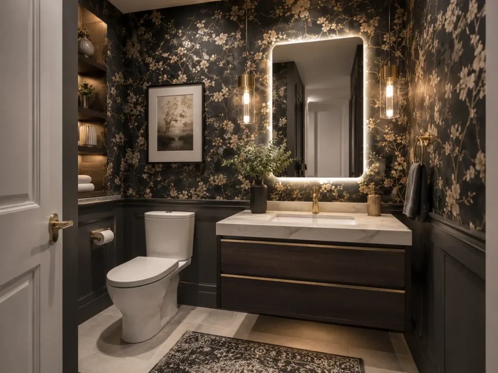 Half Bathroom Decor: 9 Amazing Ways to Transform Your Powder Room (Proven Guide) 2 half bathroom wallpaper ideas; small half bath decor; downstairs bathroom decor; powder room wall decor; half bath mirror ideas; half bathroom vanity decor; half bath lighting ideas; tiny powder room ideas