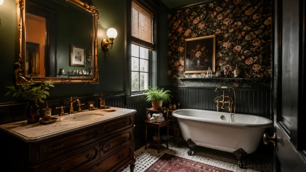 dark vintage powder room; antique mirror bathroom; vintage bathroom wallpaper; brass bathroom fixtures; clawfoot tub decor; antique vanity bathroom; old world bathroom ideas; moody floral wallpaper bathroom
