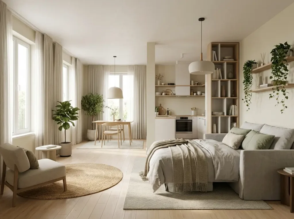 studio apartment layout ideas; small studio organization; studio apartment furniture ideas; tiny home decor; space saving apartment ideas