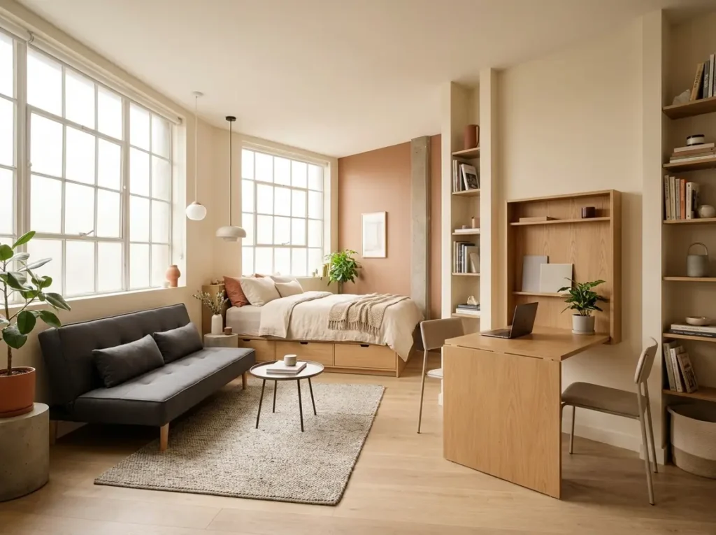studio apartment layout ideas; small studio organization; studio apartment furniture ideas; tiny home decor; space saving apartment ideas