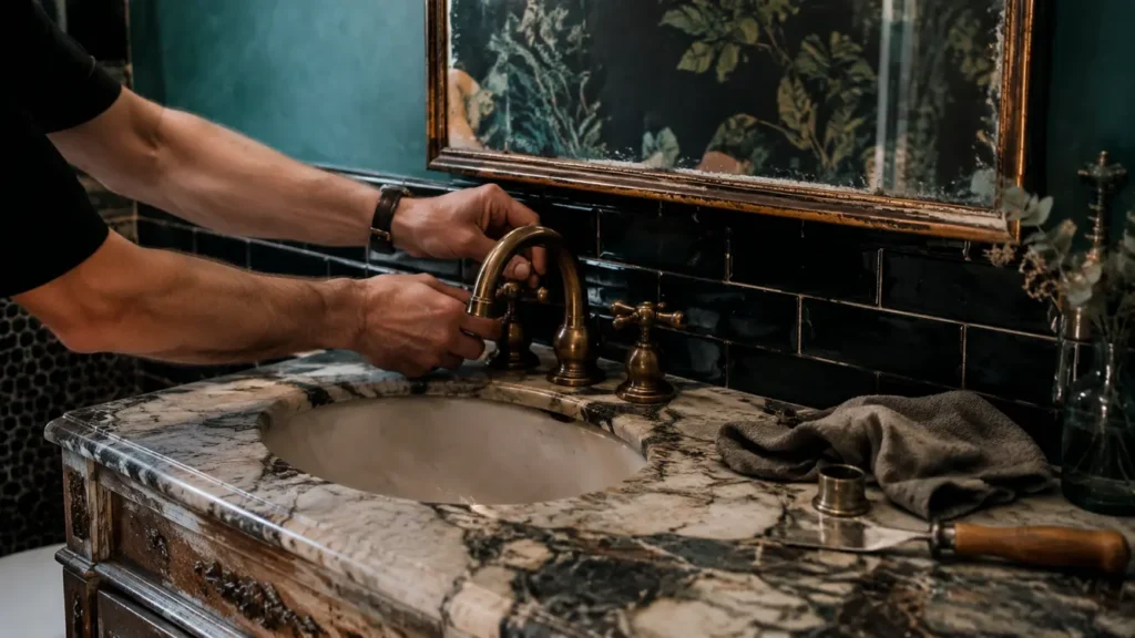 dark vintage powder room; antique mirror bathroom; vintage bathroom wallpaper; brass bathroom fixtures; clawfoot tub decor; antique vanity bathroom; old world bathroom ideas; moody floral wallpaper bathroom