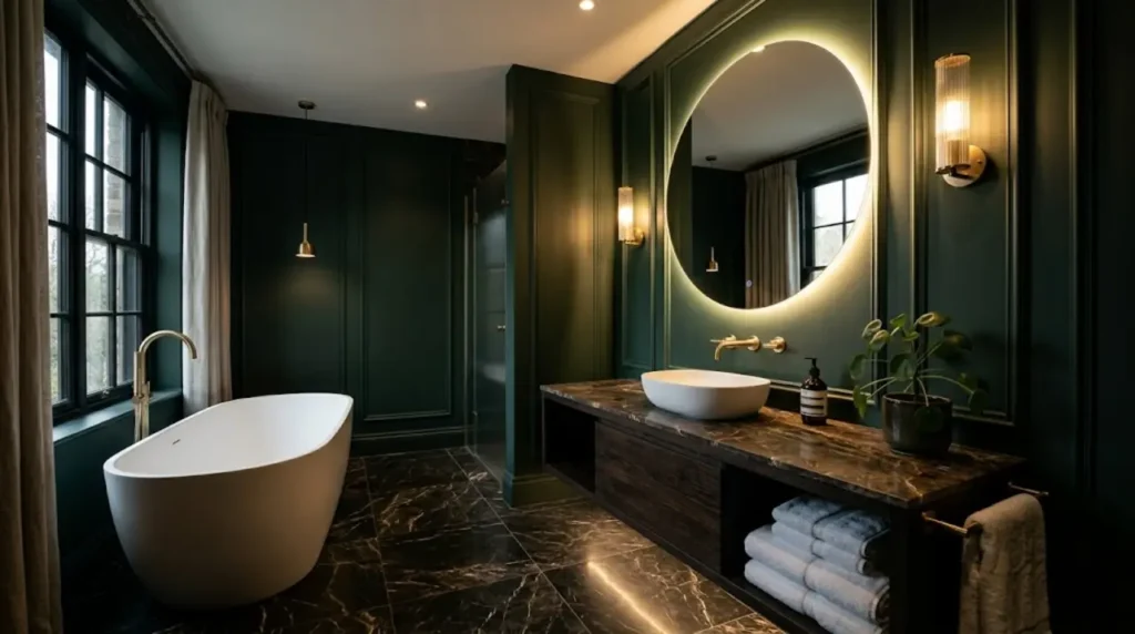 Moody Bathroom Ideas: 7 Amazing Ways To Transform Your Bathroom (Proven Guide) 2 moody bathroom; moody vintage bathroom; dark green bathroom ideas; charcoal bathroom walls; burgundy powder room; moody bathroom lighting; dark bathroom tile ideas; moody bathroom decor