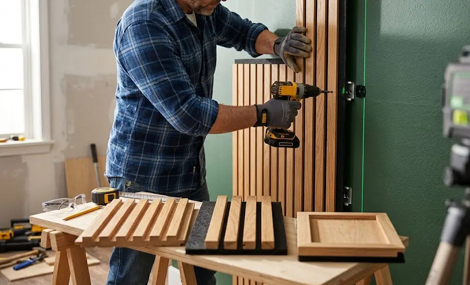 Acoustic Slat Wood Wall Panels: 7 Amazing Ways to Improve Room Acoustics (Proven Guide) 3 fluted wood wall panels, akupanel DIY kit, acoustic felt backing slats, luxury oak slat wall, acoustic timber cladding