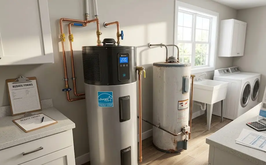 energy efficient water heater, heat pump water heater installation, high efficiency tankless water heater, eco water heater incentives