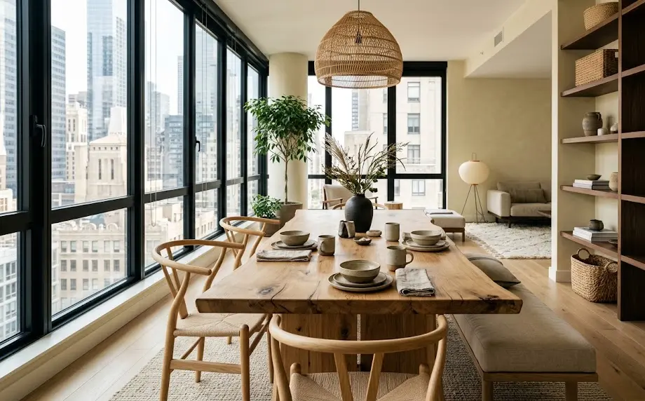 live edge japandi table, rustic organic dining table, low japandi floor table, wabi sabi oak table, natural fiber dining furniture