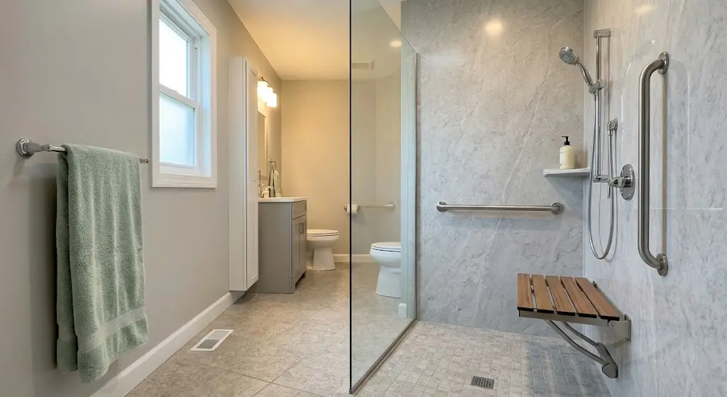 tub to shower conversion cost; convert bathtub to walk-in shower one day; low threshold shower base small bathroom; tub to shower conversion for seniors