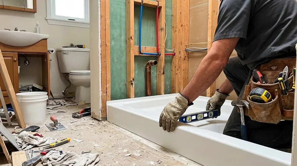 tub to shower conversion cost; convert bathtub to walk-in shower one day; low threshold shower base small bathroom; tub to shower conversion for seniors