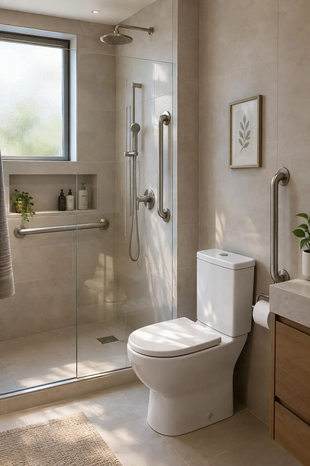 decorative grab bars bathroom; aging in place bathroom small; designer grab bars shower; grab bar placement small bathroom
