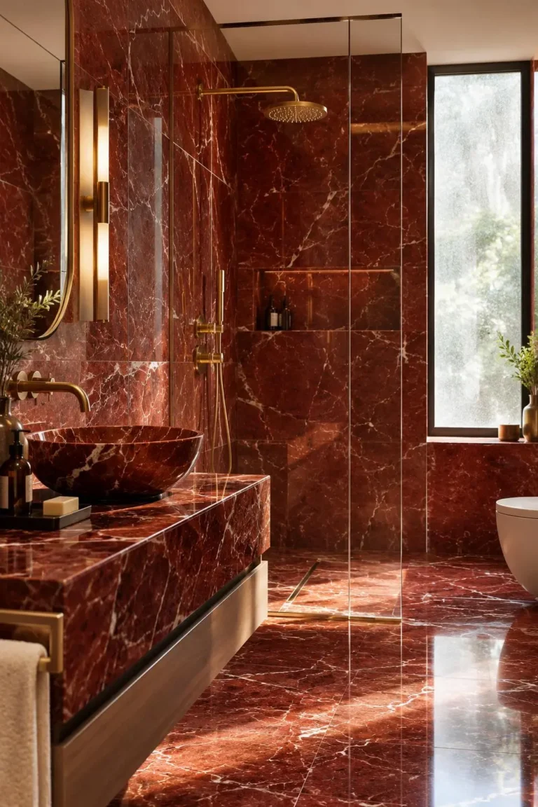 small red marble bathroom; red marble tile bathroom; rosso marble shower; red bathroom accent wall