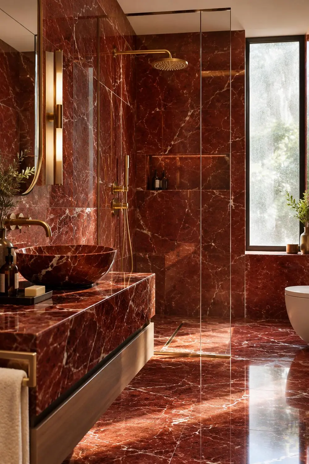 small red marble bathroom; red marble tile bathroom; rosso marble shower; red bathroom accent wall